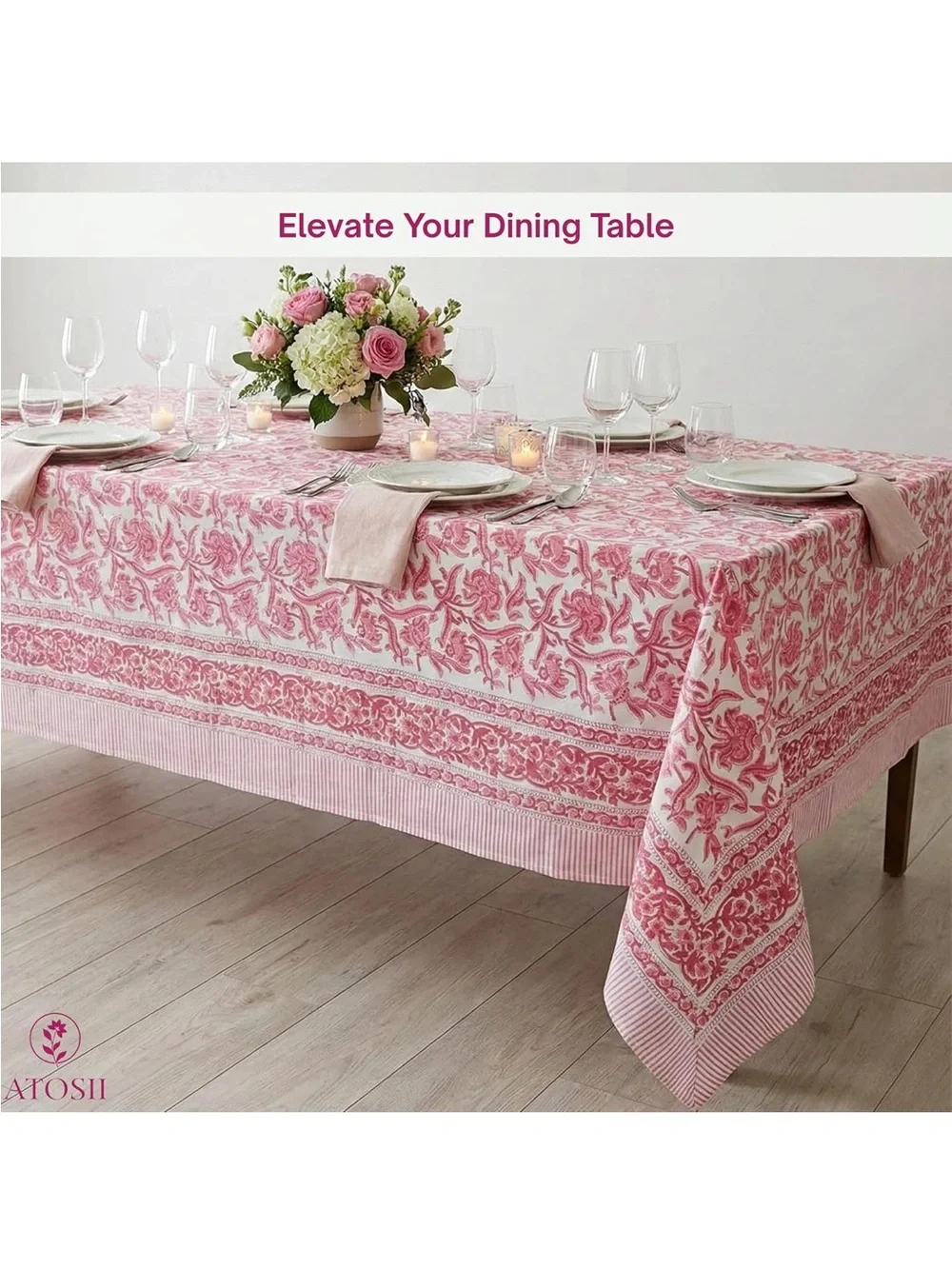 NEW Red Bloom 100% Cotton Tablecloth, Handblock Print Square. 36”x36”